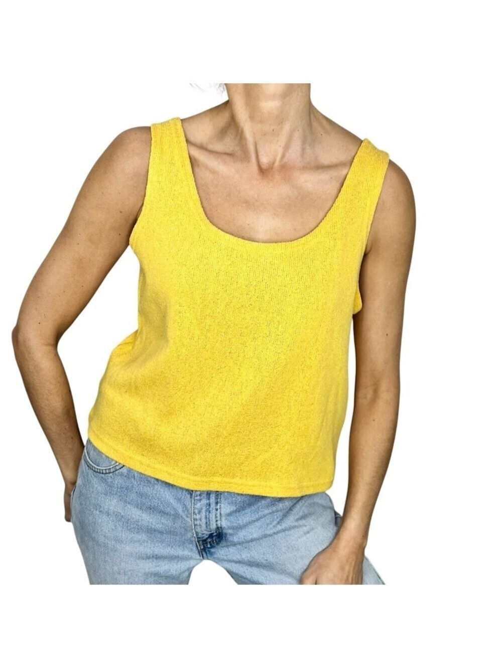 Vintage 80s 90s Escalade Paris yellow cropped knit boxy tank sweater top L
